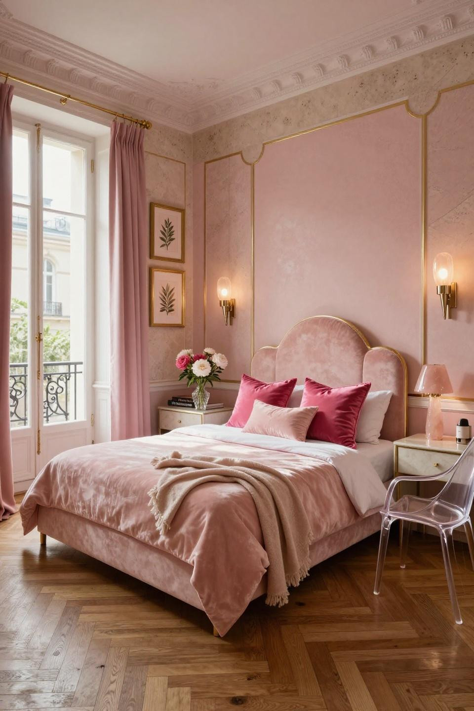 Pink room aesthetic featuring Hollywood Regency glamour in Parisian apartment