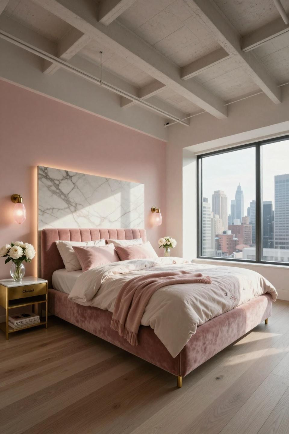 Teen room decor ideas with dramatic Calacatta marble headboard in Tribeca penthouse