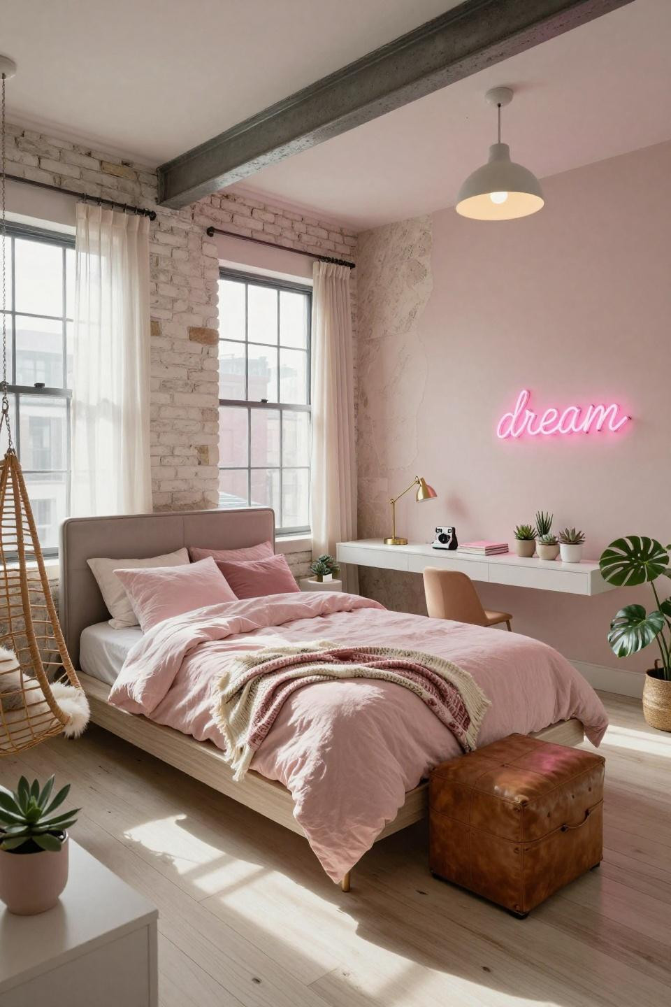 Cute room ideas showcasing Tribeca loft with industrial chic teen bedroom layout
