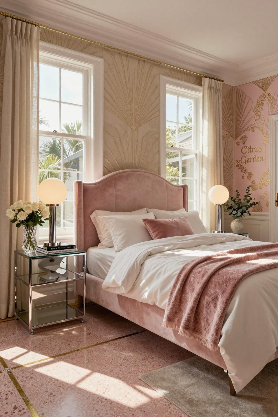 Teen girl room decor with Art Deco glamour and terrazzo flooring in Hamptons beach house