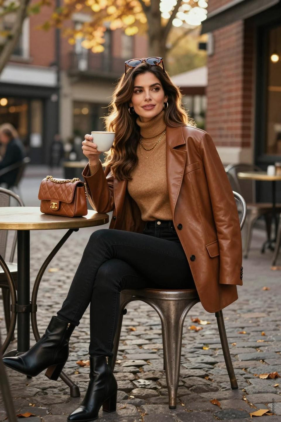 Black Jeans Fall Outfit featuring caramel cashmere turtleneck with cognac leather blazer