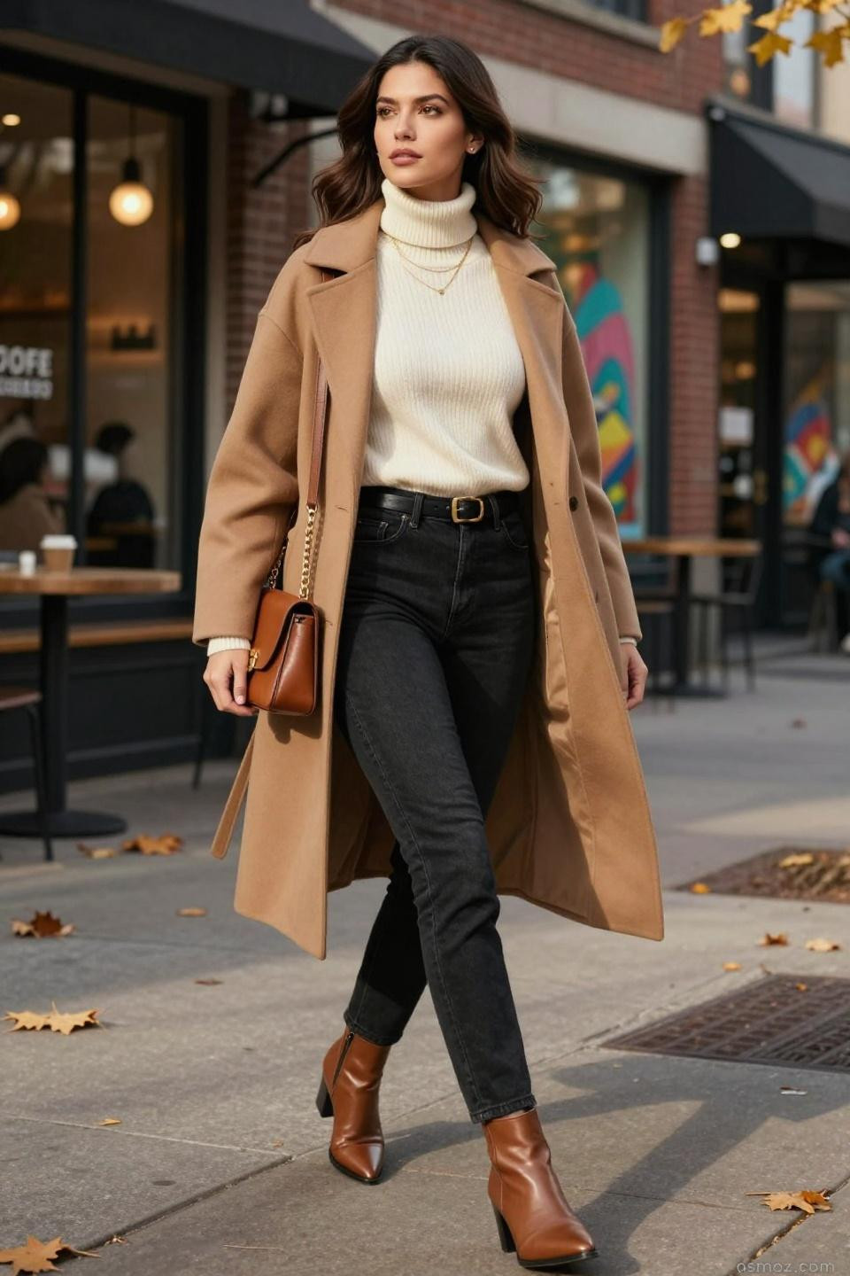 Black Jeans Outfits For Women featuring cream turtleneck with camel wool coat elegance