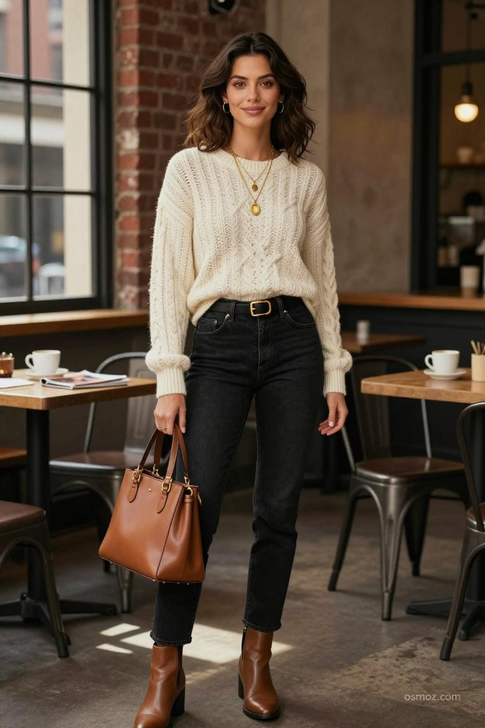Black Jeans Outfit Classy featuring cream cashmere sweater with cognac leather accessories