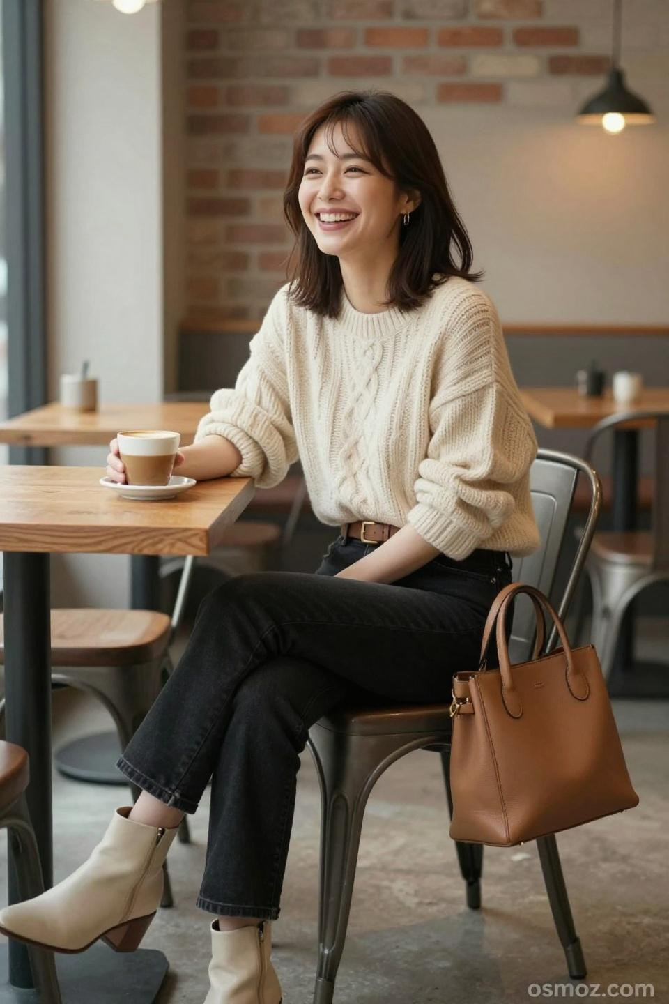 How To Style Black Jeans Casual featuring oversized cream cable-knit with camel leather accessories