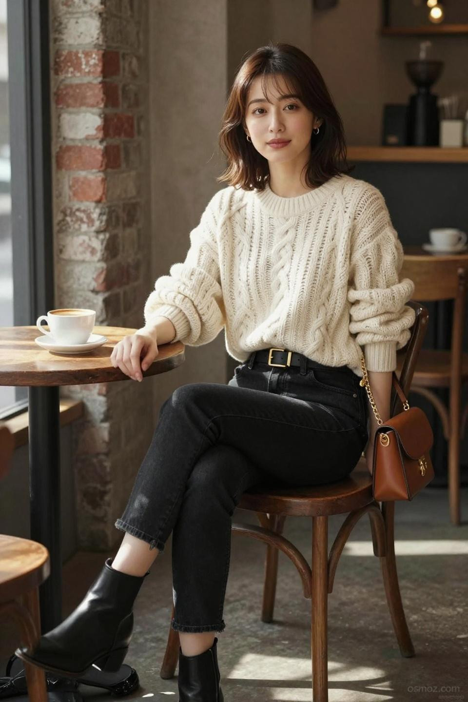 All Black Jeans Outfit featuring oversized cream cable-knit sweater with cognac leather details