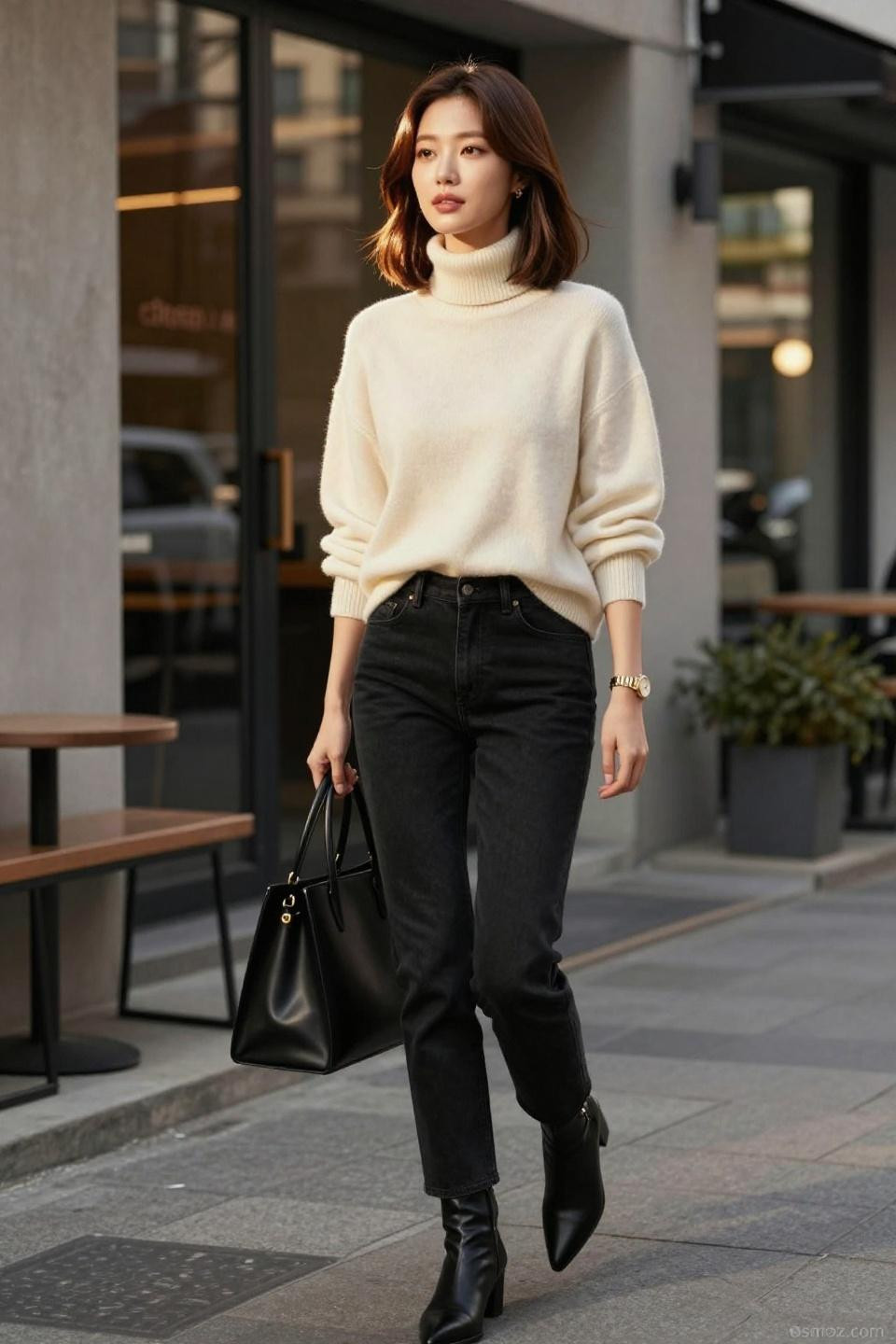 Black Jeans Pants Outfit featuring oversized cream turtleneck with modern minimalist aesthetic