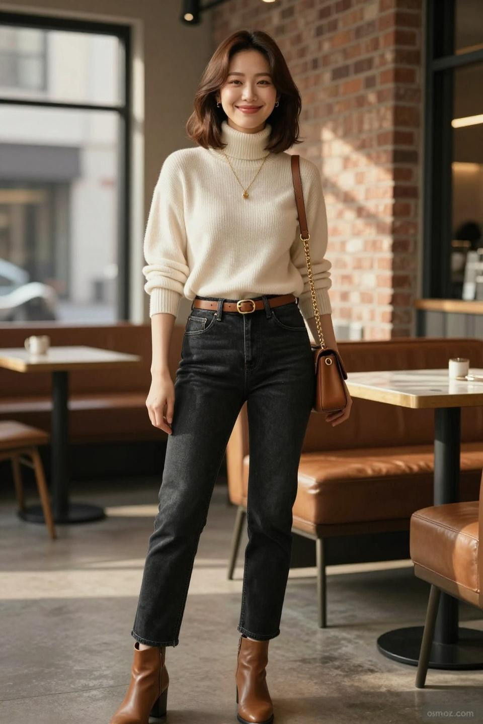 Black Denim Jeans Outfit featuring cream ribbed cashmere turtleneck with cognac leather accents