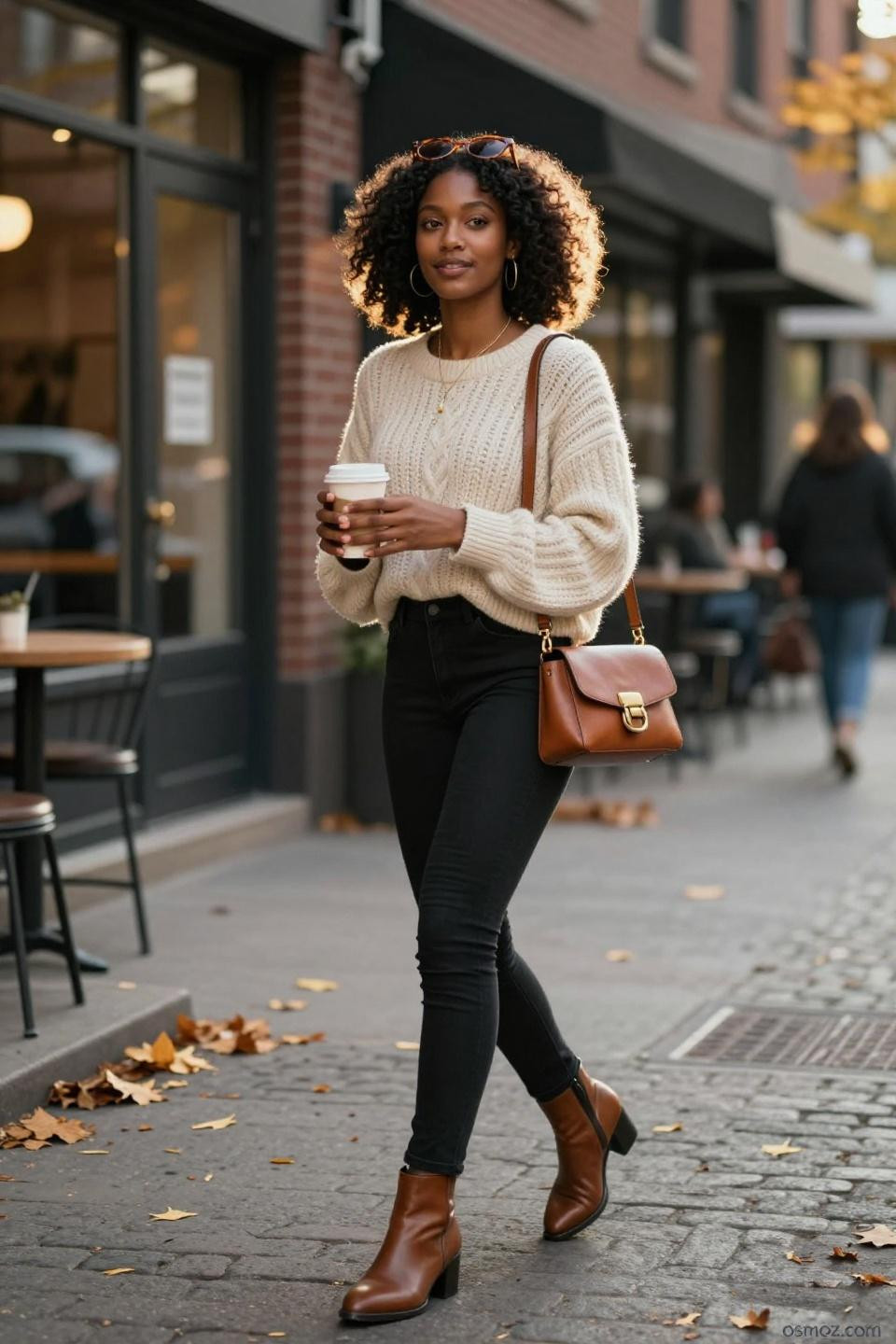 What To Wear With Black Jeans showcasing oversized cable-knit sweater and cognac accessories