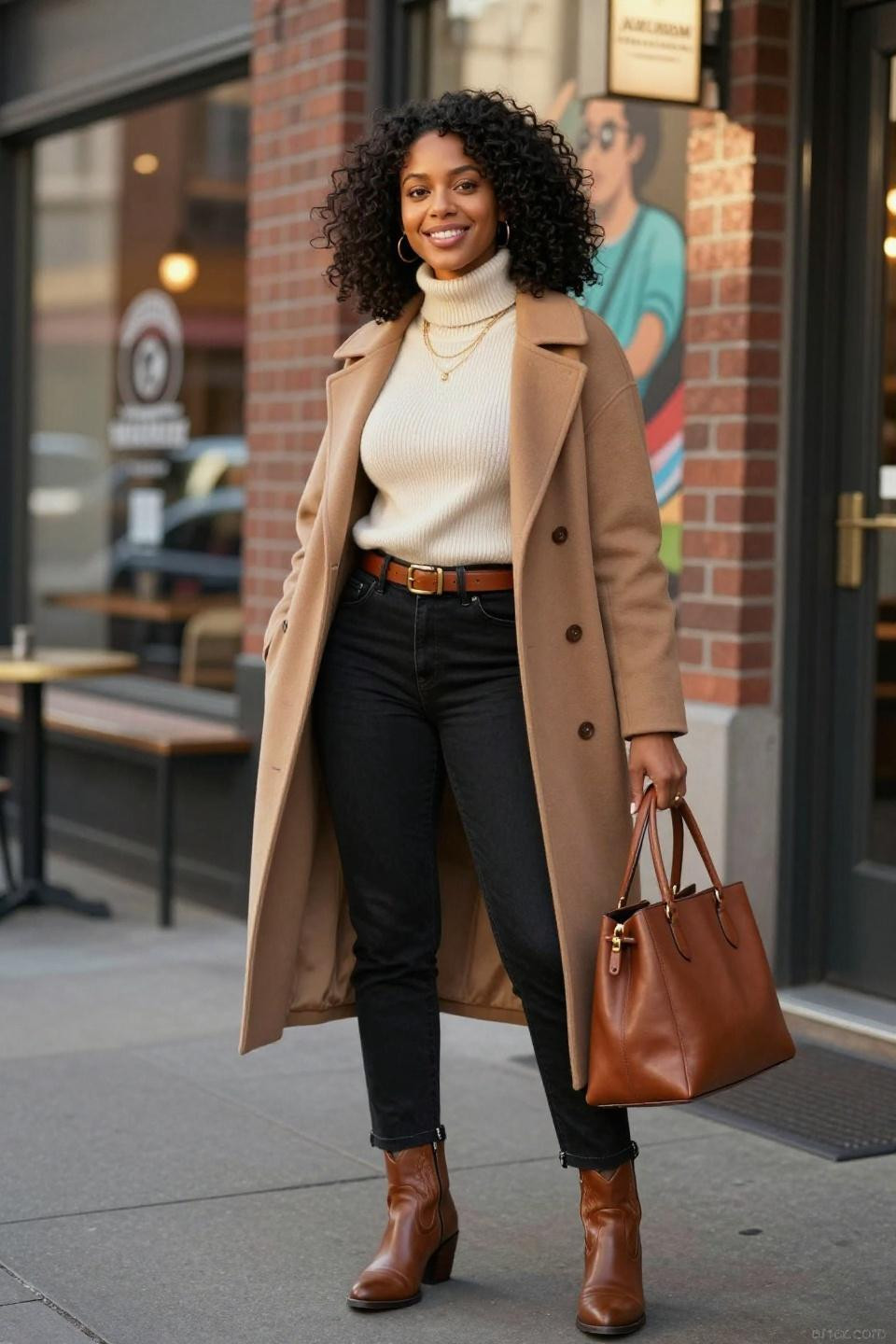 Outfits To Wear With Black Jeans featuring cream ribbed turtleneck and oversized camel coat