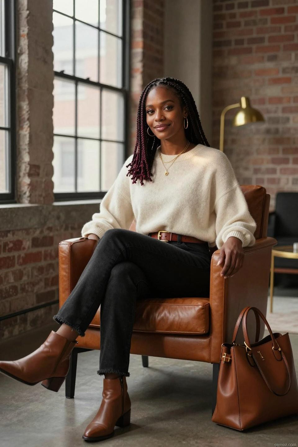 Black Jeans Fall Outfit showcasing oversized cashmere sweater with cognac leather details