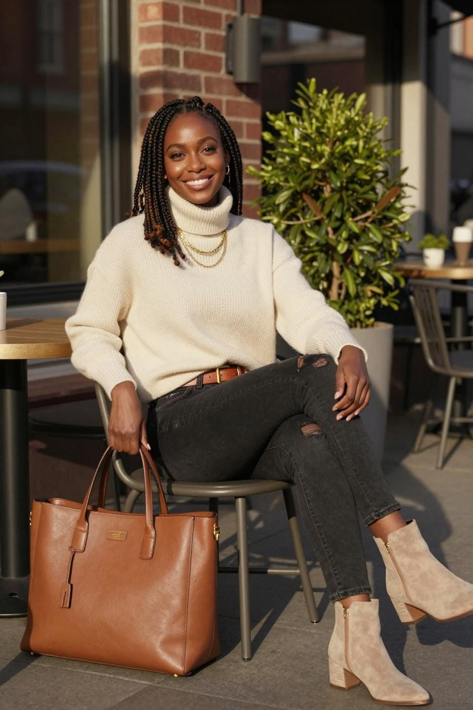 Black Jeans Outfits For Women featuring oversized cream turtleneck with cognac leather accessories