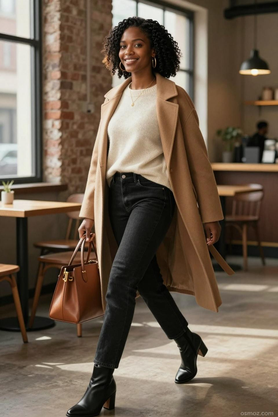 Black Jeans Outfit Classy featuring cream cashmere turtleneck with elegant camel coat layering