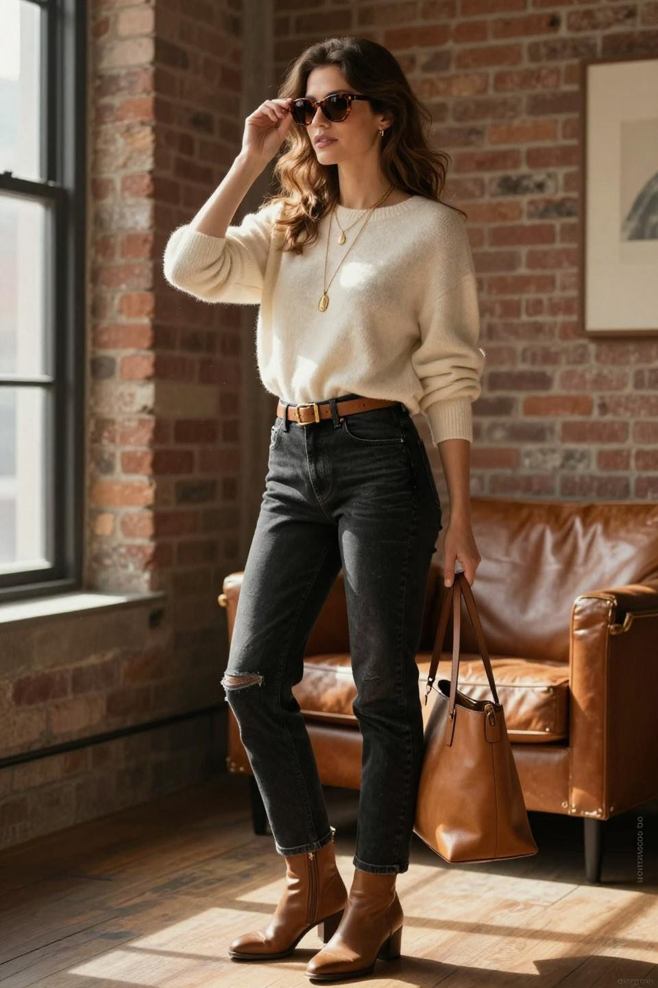 How To Style Black Jeans Casual with cream cashmere sweater and camel leather accessories