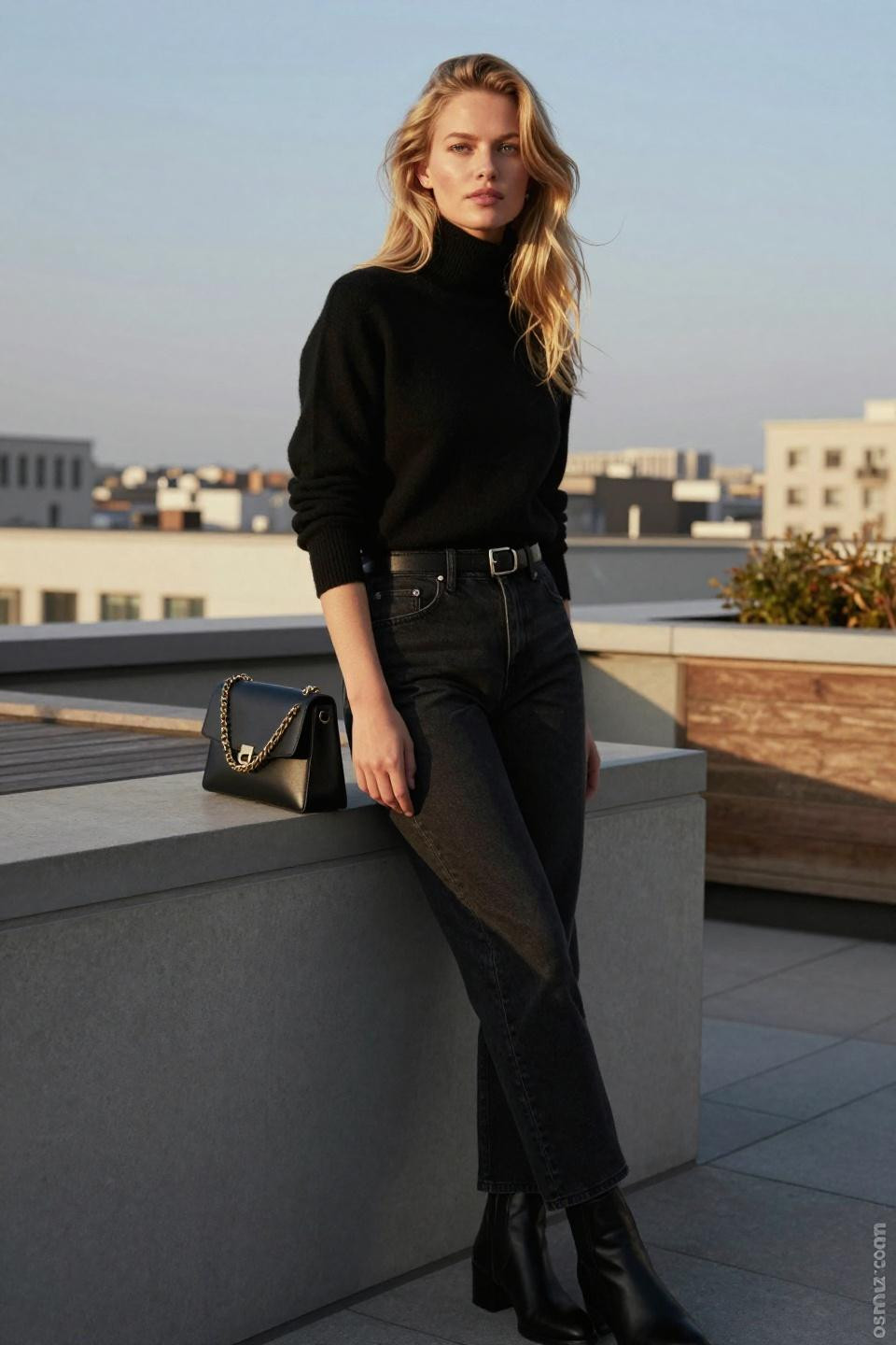 All Black Jeans Outfit featuring black turtleneck sweater with sophisticated monochrome styling