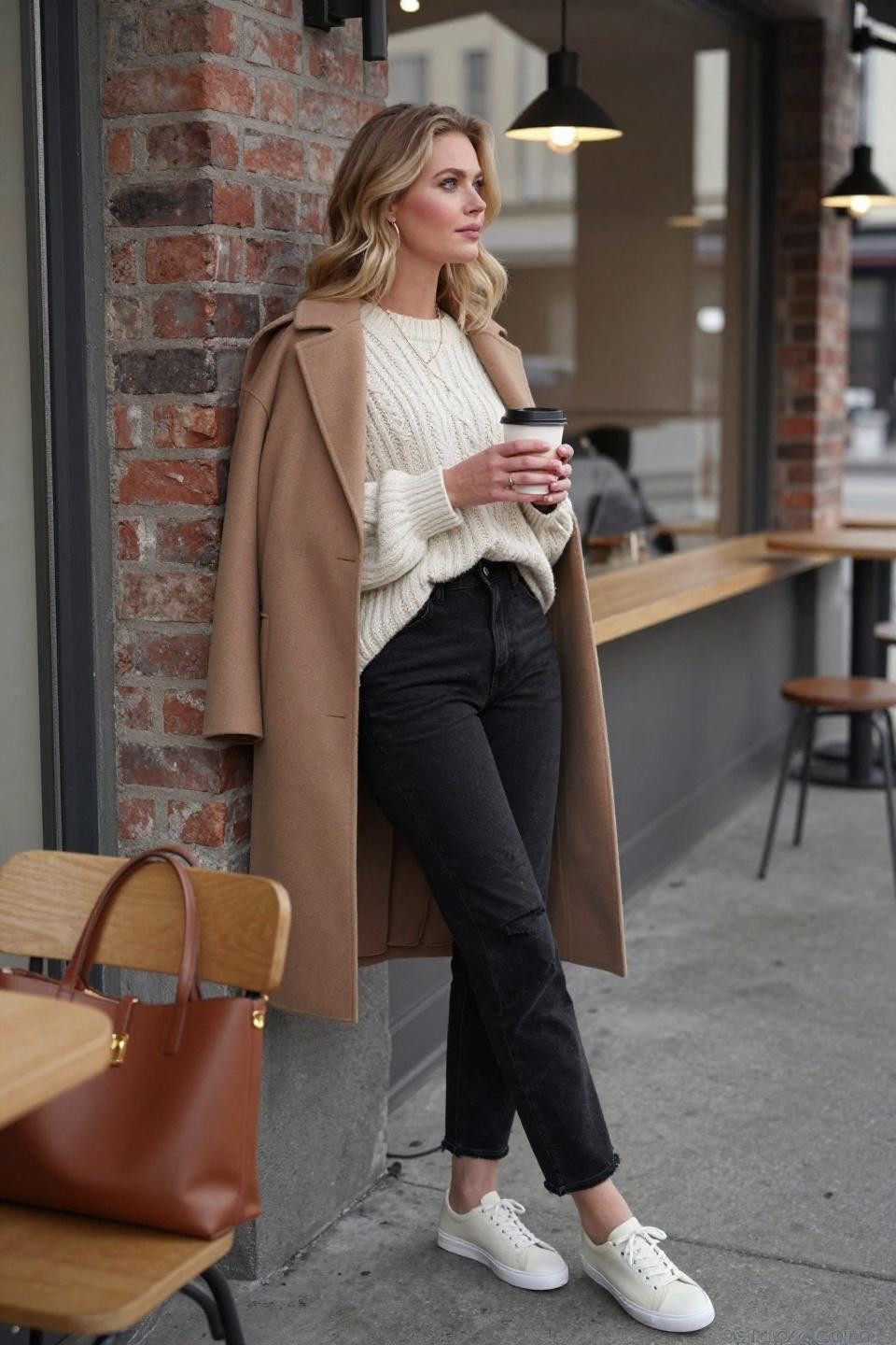 Black Jeans Pants Outfit showcasing oversized cable-knit sweater with camel coat layering