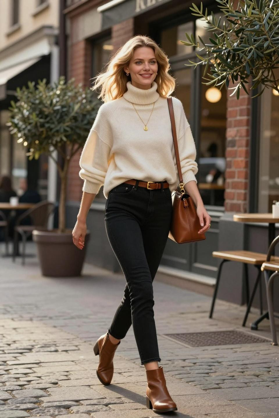 What To Wear With Black Jeans featuring oversized cream cashmere turtleneck and cognac leather details