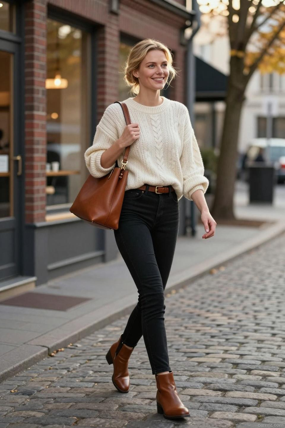 Outfits To Wear With Black Jeans showing cream cable-knit sweater with cognac accessories