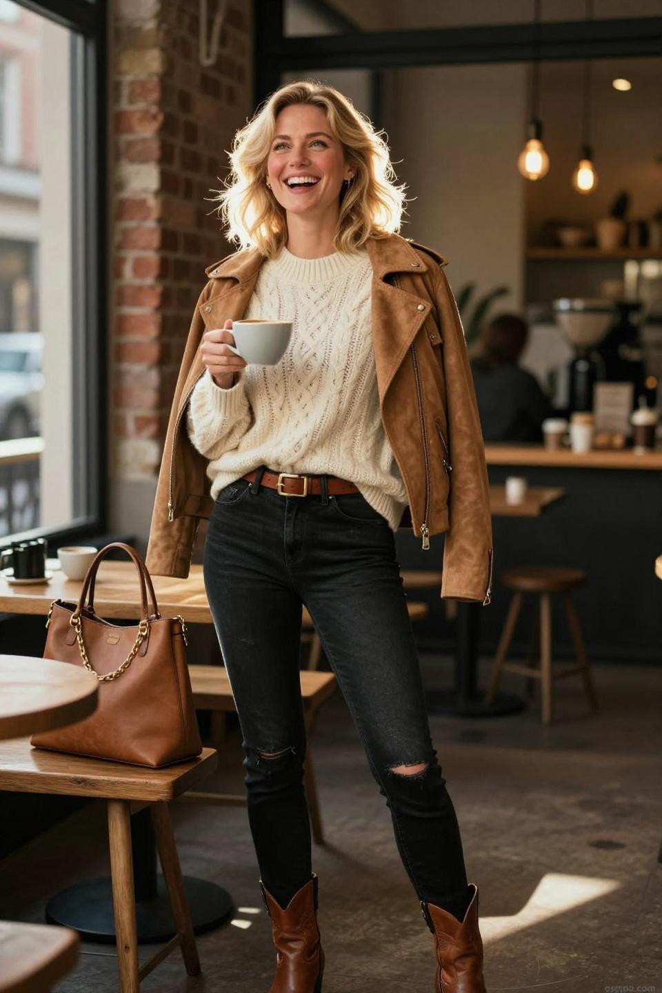 Black Jeans Fall Outfit featuring oversized cable-knit sweater and caramel suede moto jacket
