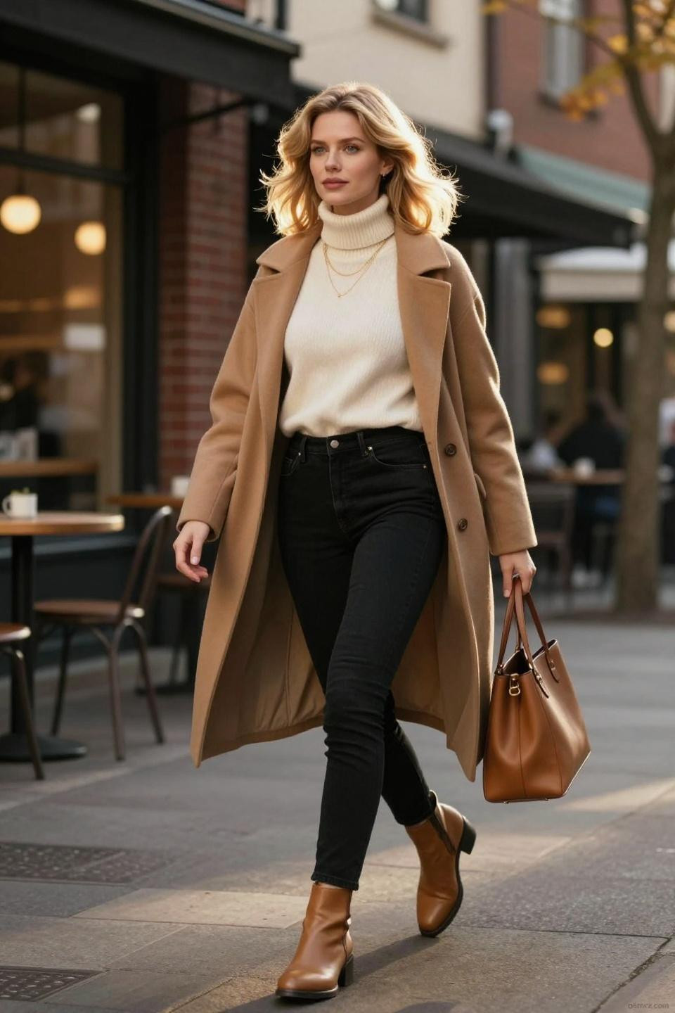 Black Jeans Outfits For Women showcasing high-waisted skinny jeans with cream turtleneck and camel coat