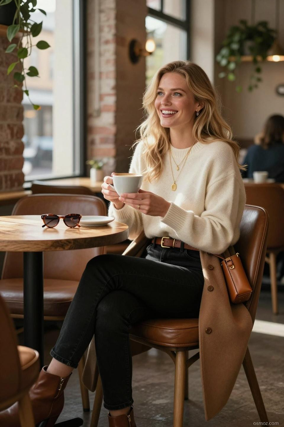 Black Jeans Outfit Classy featuring cream cashmere sweater and cognac leather accessories in sunlit cafe