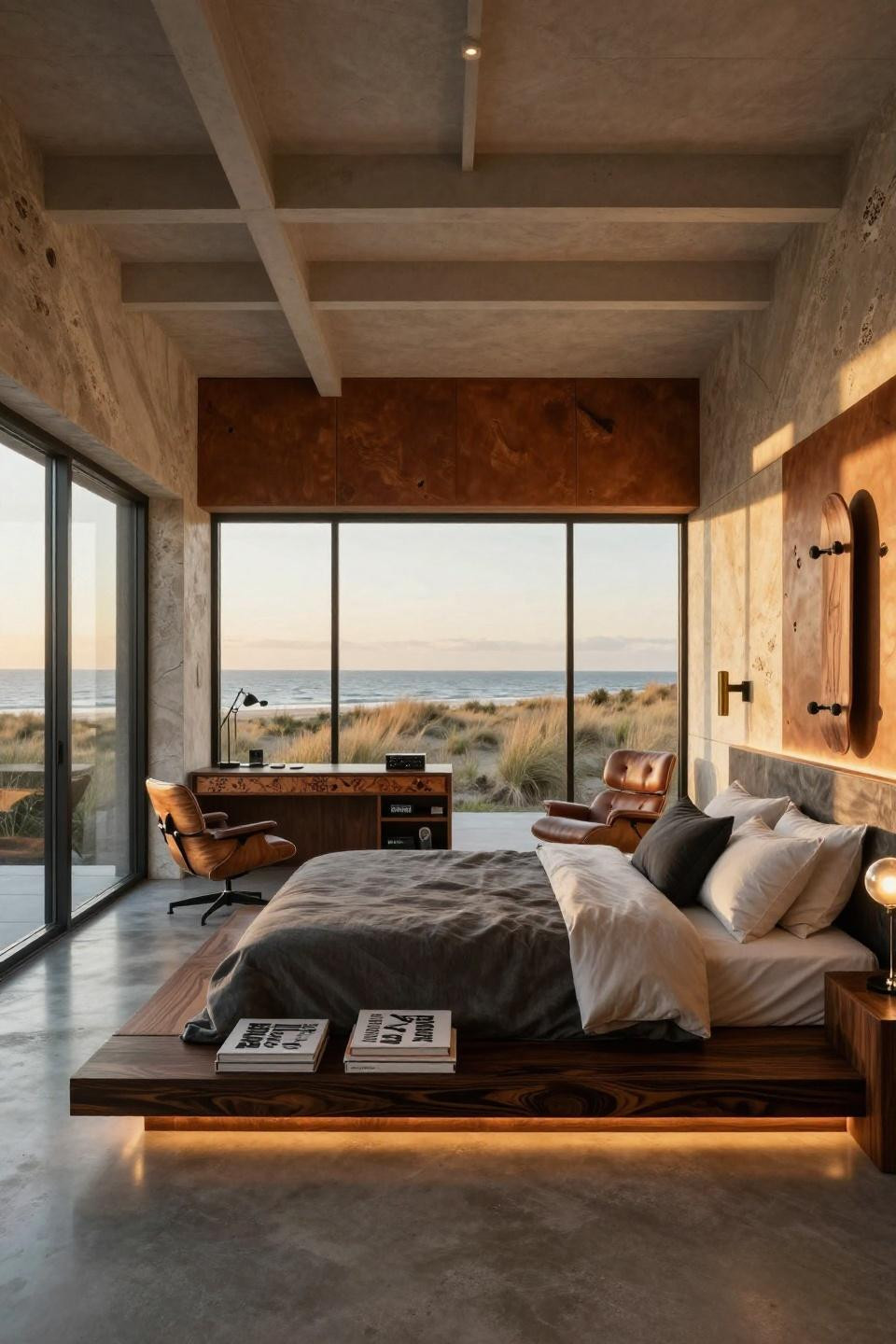 Luxury teen bedroom with sculptural ebony bed and limestone accent walls