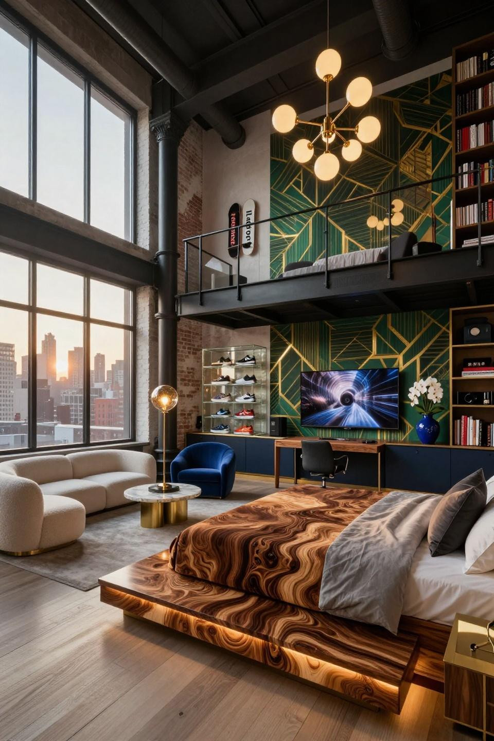 Small room makeover showcasing book-matched walnut bed with floating nightstands