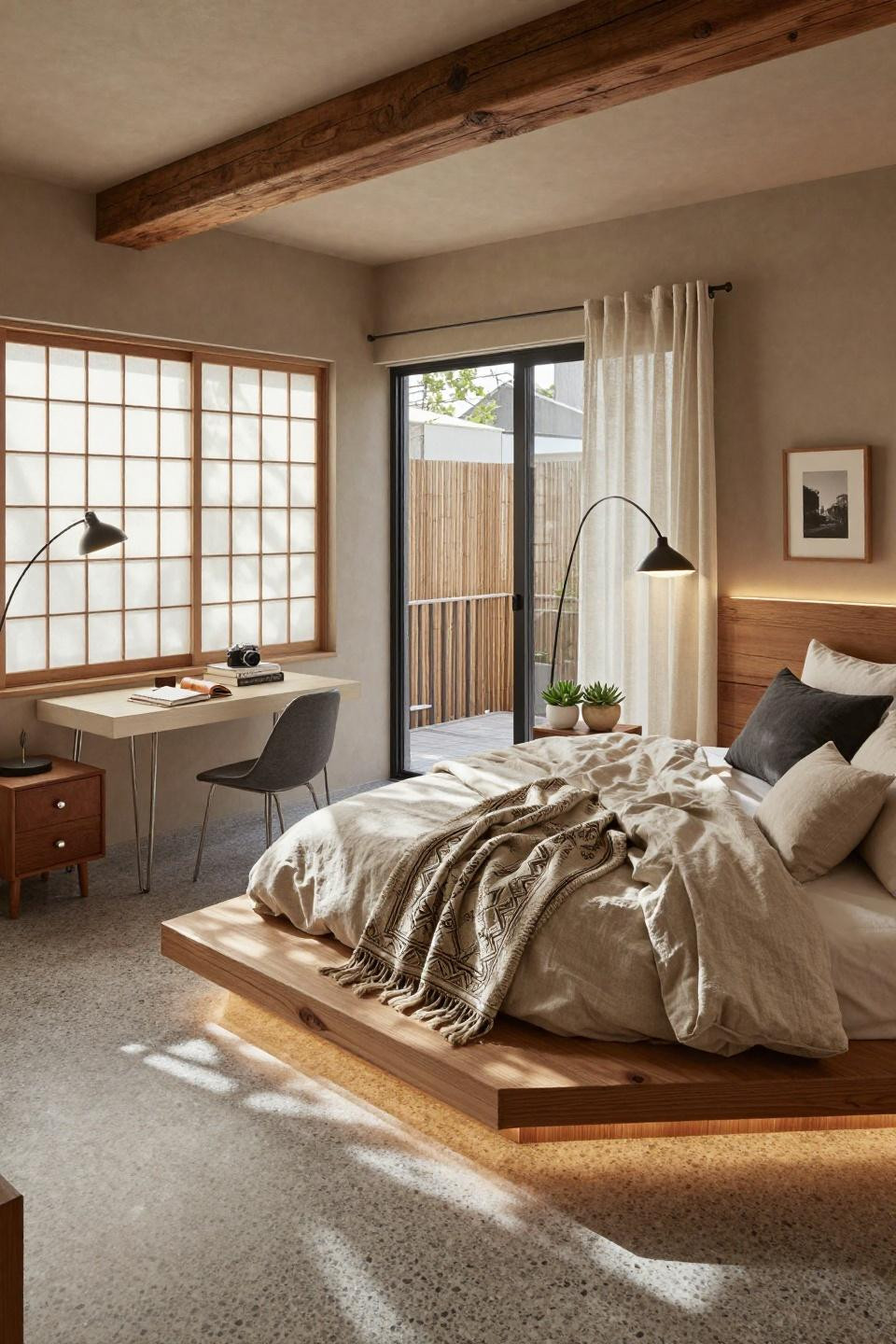 Room inspo ideas with Japanese-inspired low platform bed and terrazzo flooring