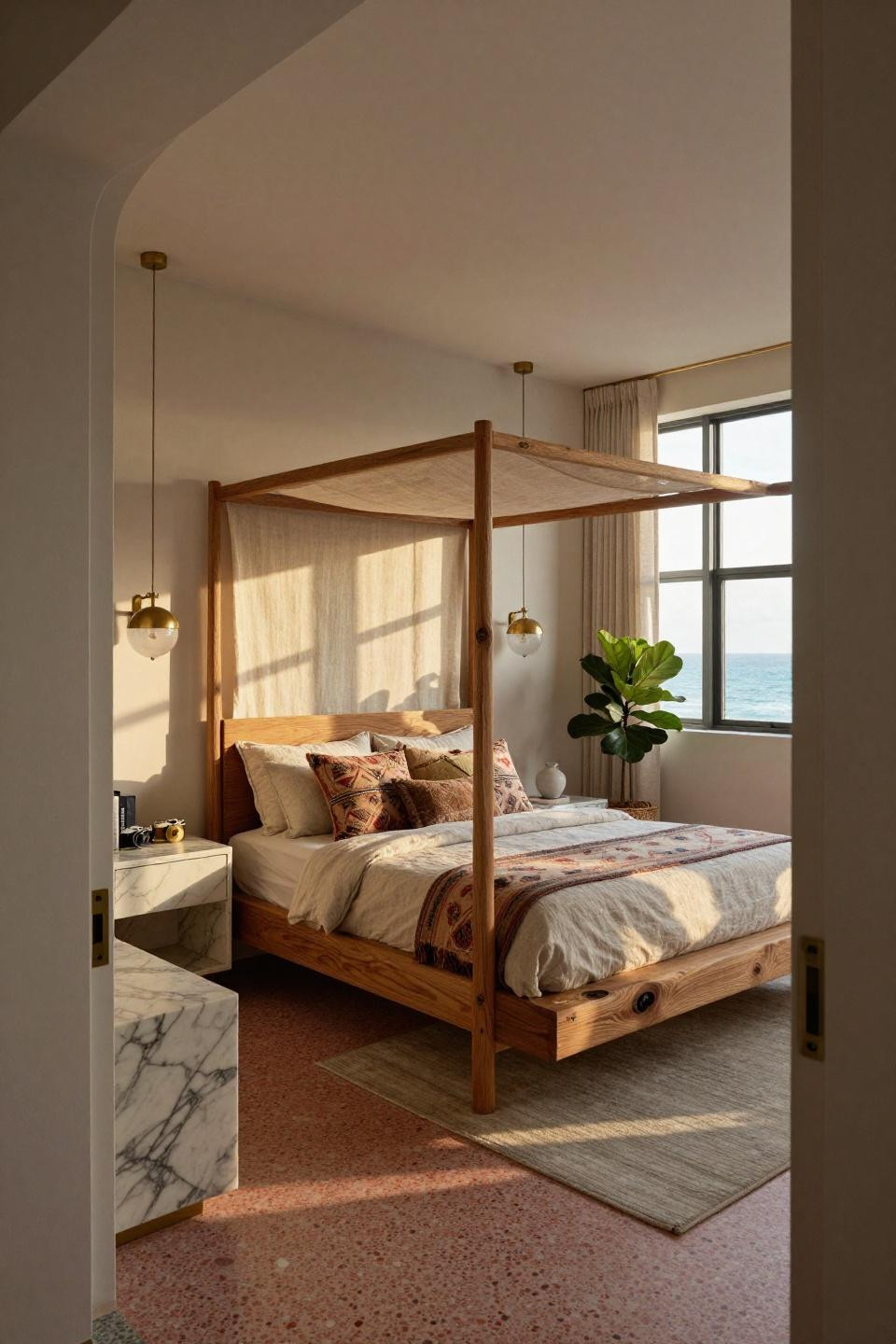 Teen bedroom aesthetic blending Art Deco and coastal rustic luxe materials