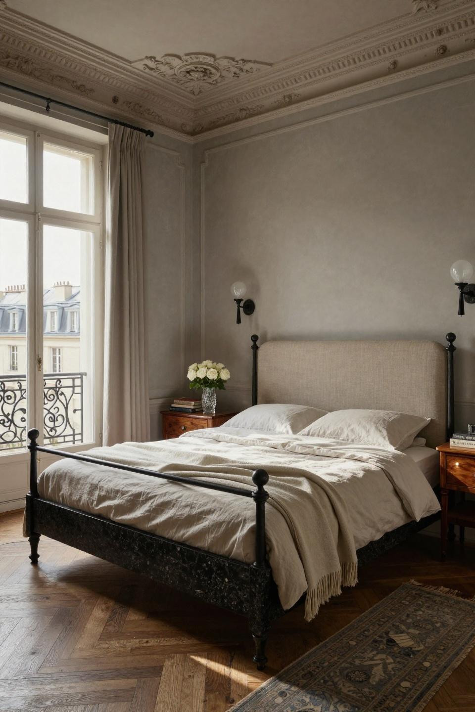 Small bedroom layout featuring honed granite bed frame in Haussmann apartment