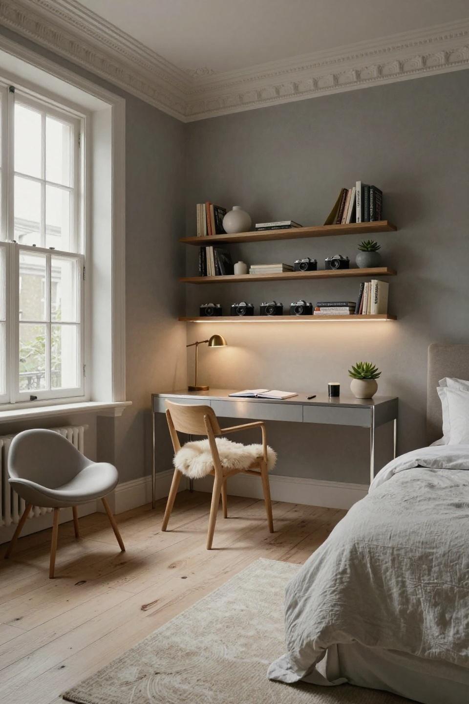 Small teen bedroom ideas with custom study nook and Victorian details