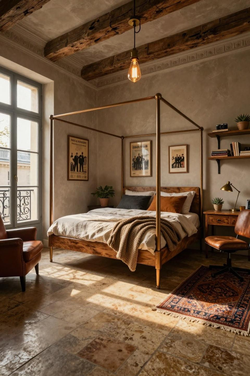 Cozy teen bedroom with dramatic four-poster teak bed in Parisian apartment