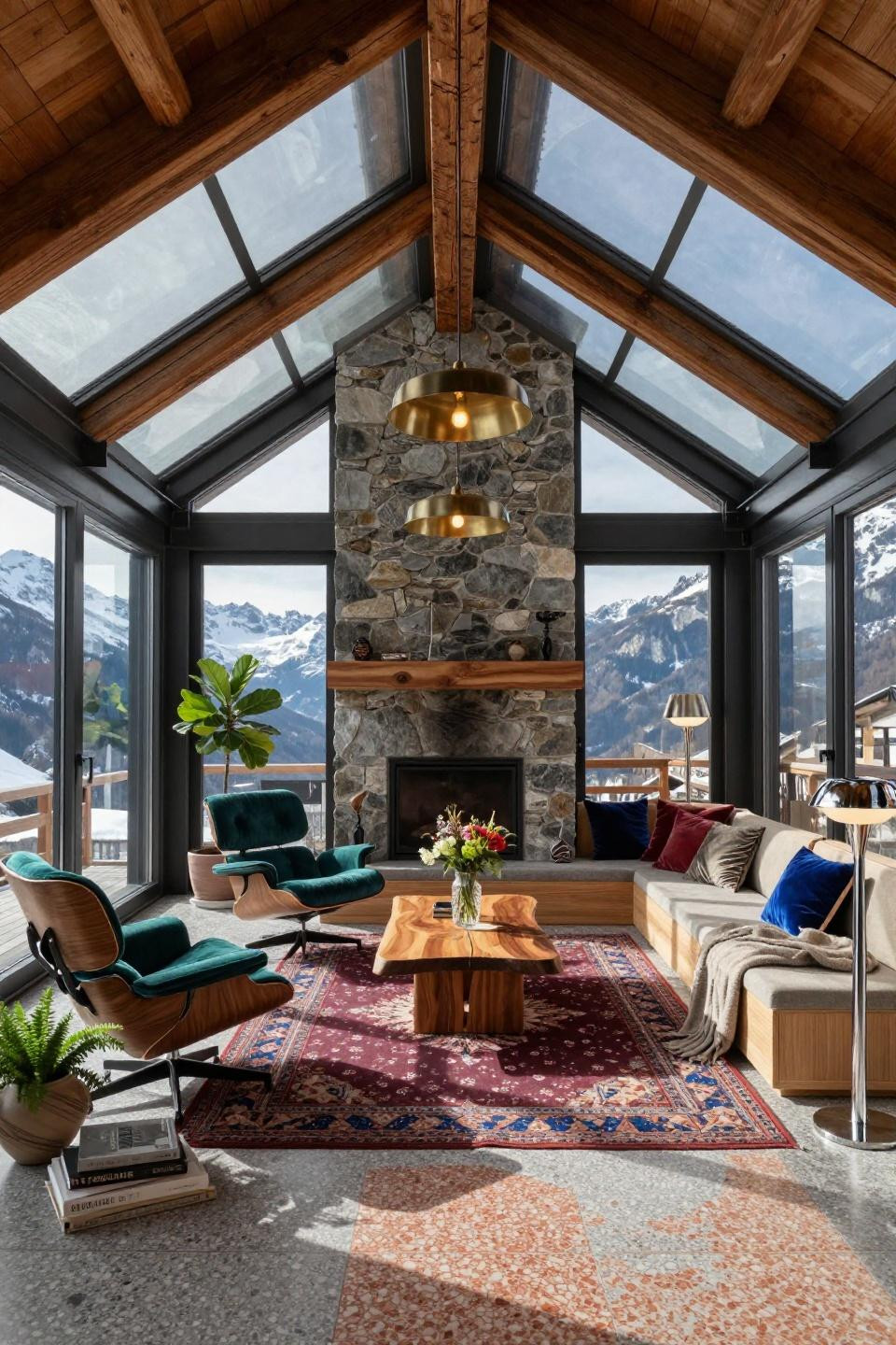 Sunroom inspiration with motorized roof and terrazzo floors in Alpine chalet