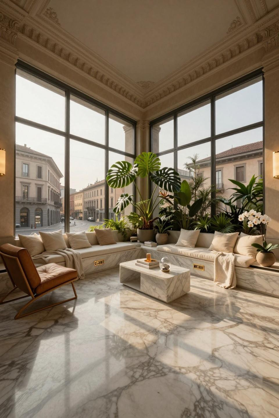 Sunroom inspiration featuring book-matched marble and automated glass pavilion