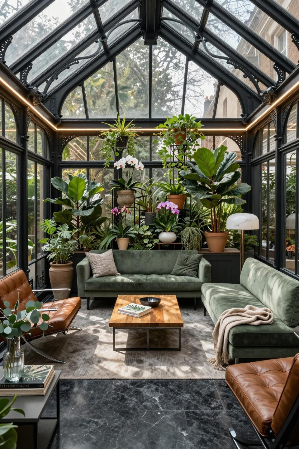 Sunroom inspiration with Victorian steel framework and rare orchids