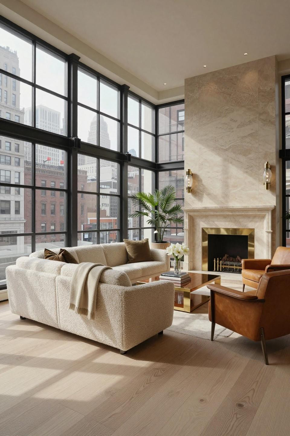 Sunroom inspiration featuring French limestone fireplace and bouclé sectional