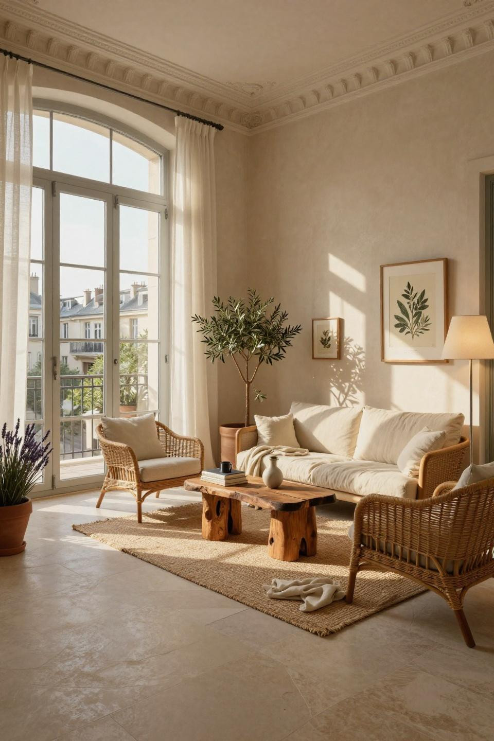 Sunroom inspiration with lime-washed walls and vintage mid-century sofa