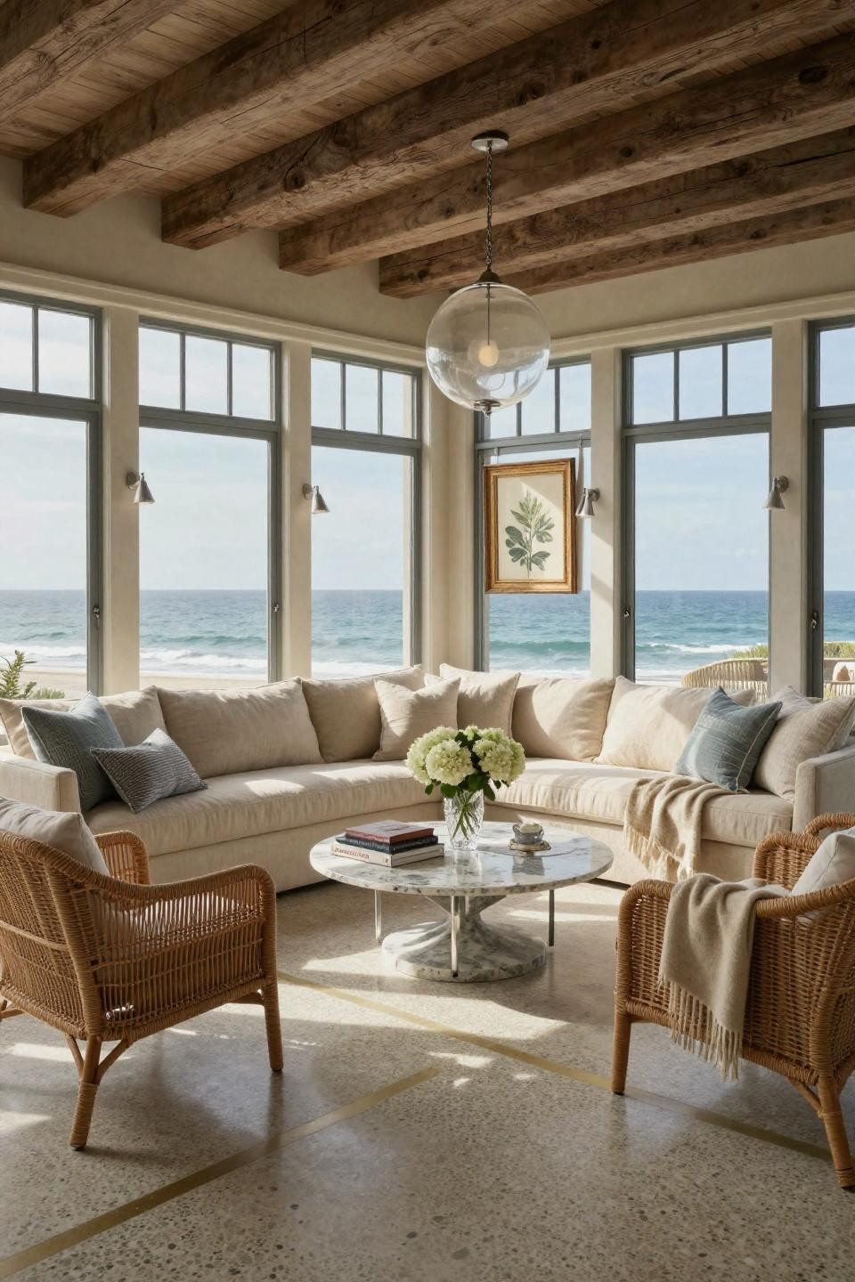 Sunroom inspiration with curved sectional and Atlantic Ocean glimpses