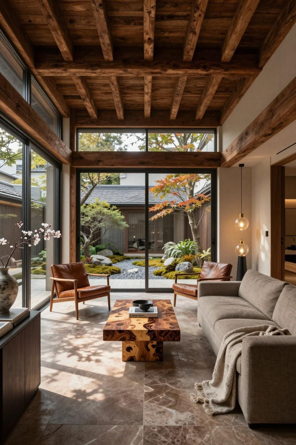 Sunroom inspiration featuring book-matched walnut and Zen garden