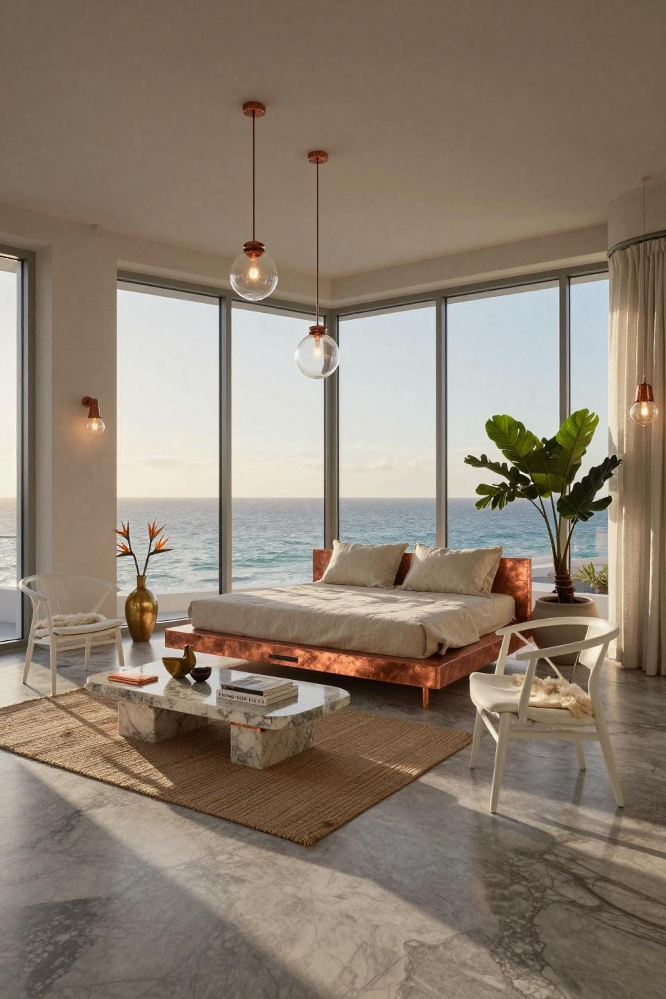 Sunroom inspiration with Art Deco details and aged copper daybed