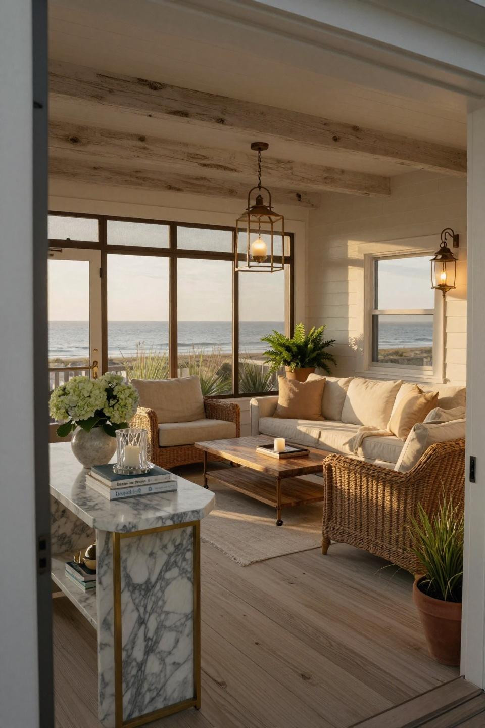 Cozy screened in porch with bronze screening and Calacatta marble console
