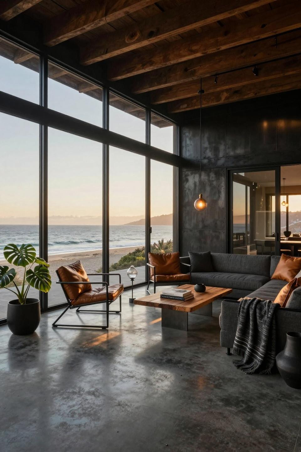 Sunroom inspo with blackened steel frames and Pacific Ocean views