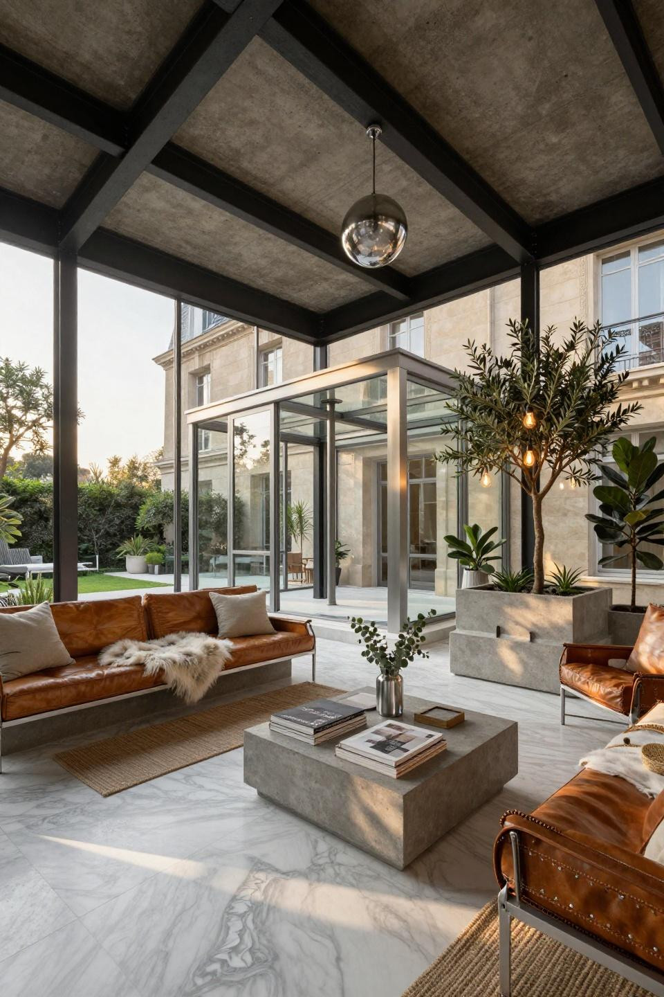 4 season sunroom ideas with industrial steel beams and platinum accents