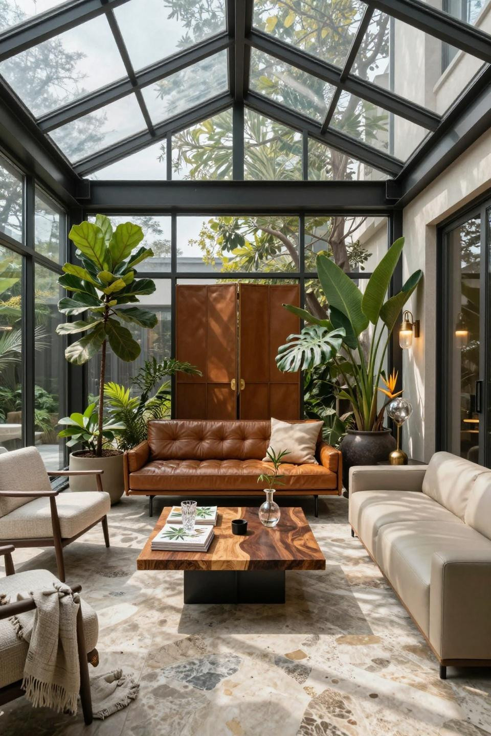 Cozy backyard ideas featuring Japanese-inspired sunroom with steel-framed glass