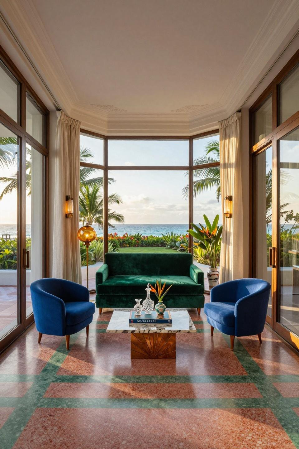 All season room addition with curved glass walls and jewel-tone palette