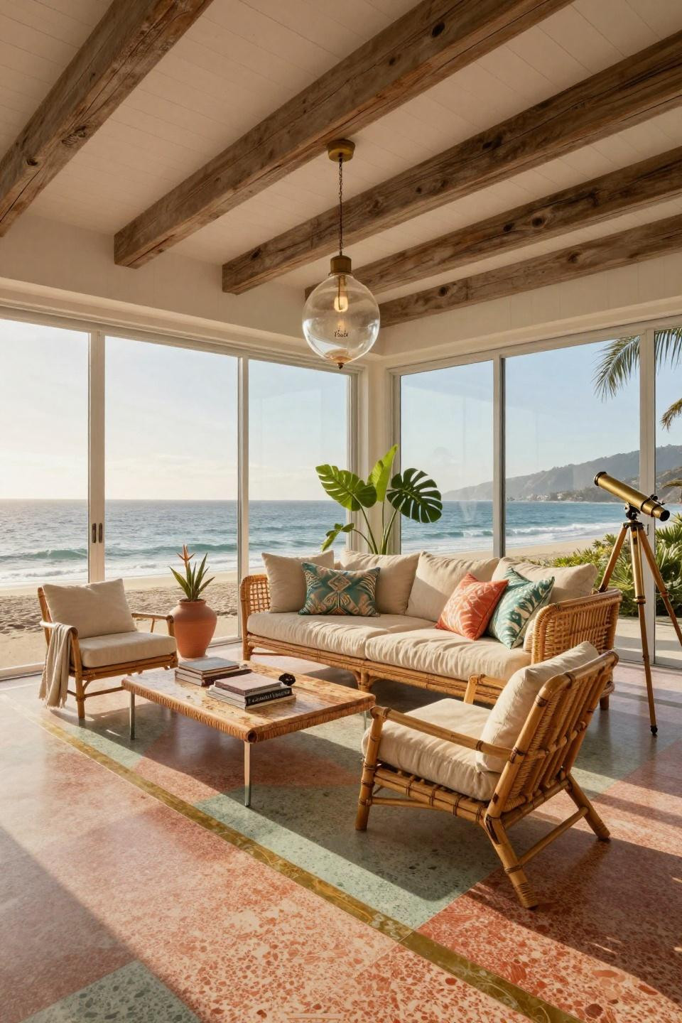Sunroom ideas with floor-to-ceiling glass panels and terrazzo flooring overlooking Pacific Ocean