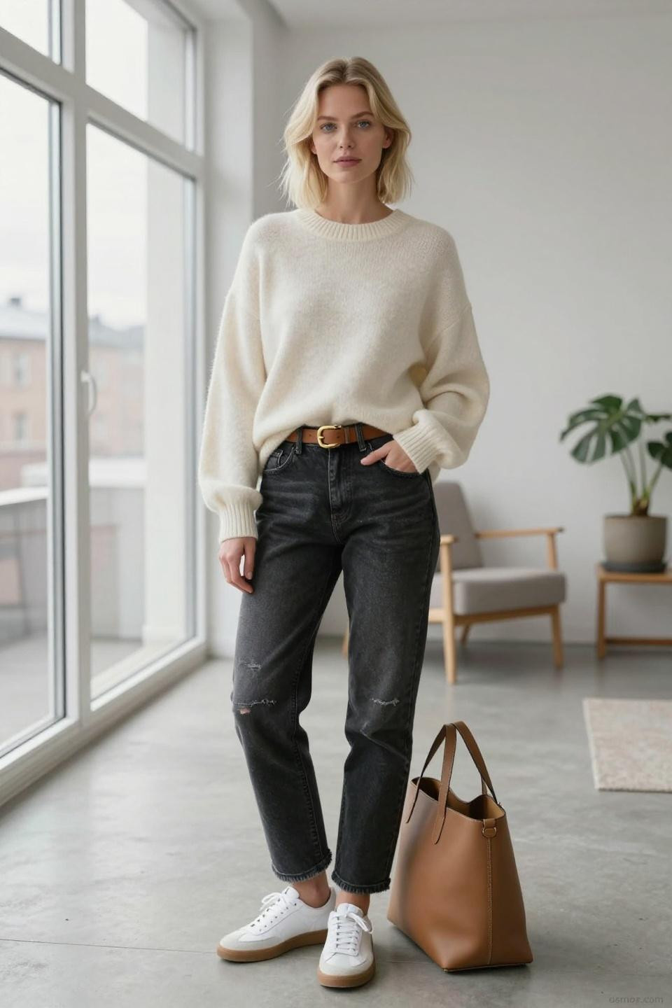 Black Jeans Outfit Trendy featuring relaxed-fit faded jeans with cream cashmere sweater