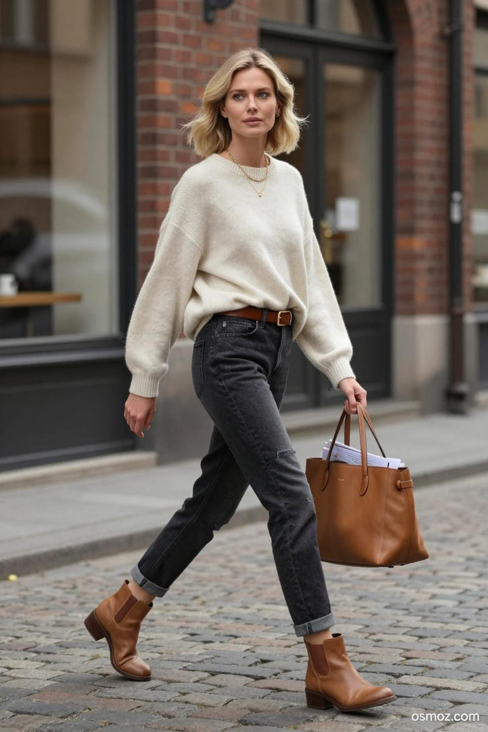 Dark Black Jeans Outfit showcasing vintage-wash boyfriend jeans with cream cashmere