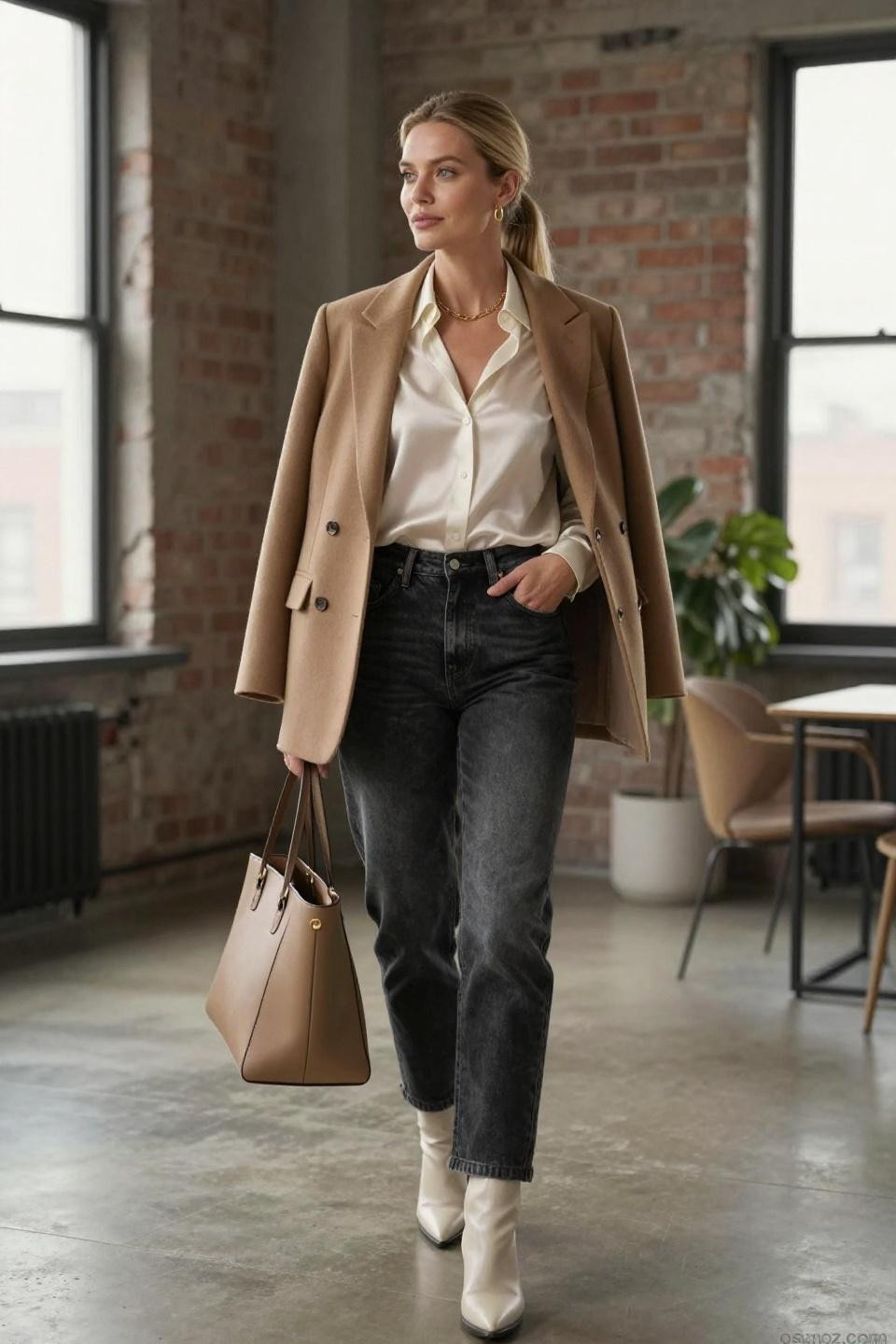 Loose Black Jeans Outfit featuring relaxed-fit faded black jeans with cream silk blouse