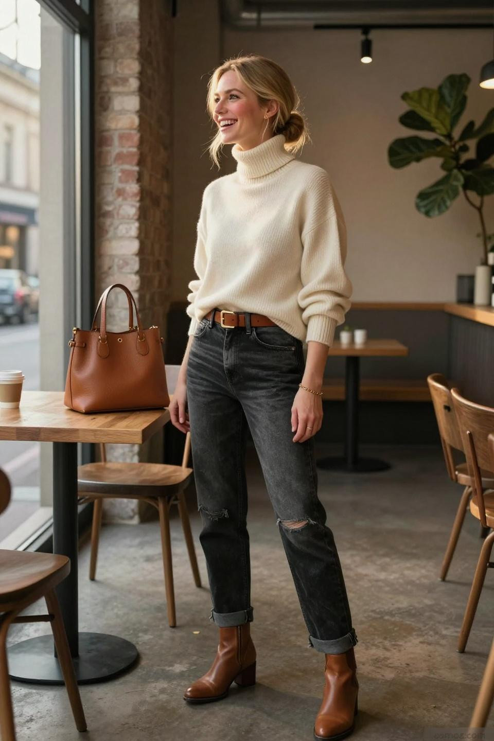 Light Black Jeans Outfit showcasing faded black jeans with cream turtleneck