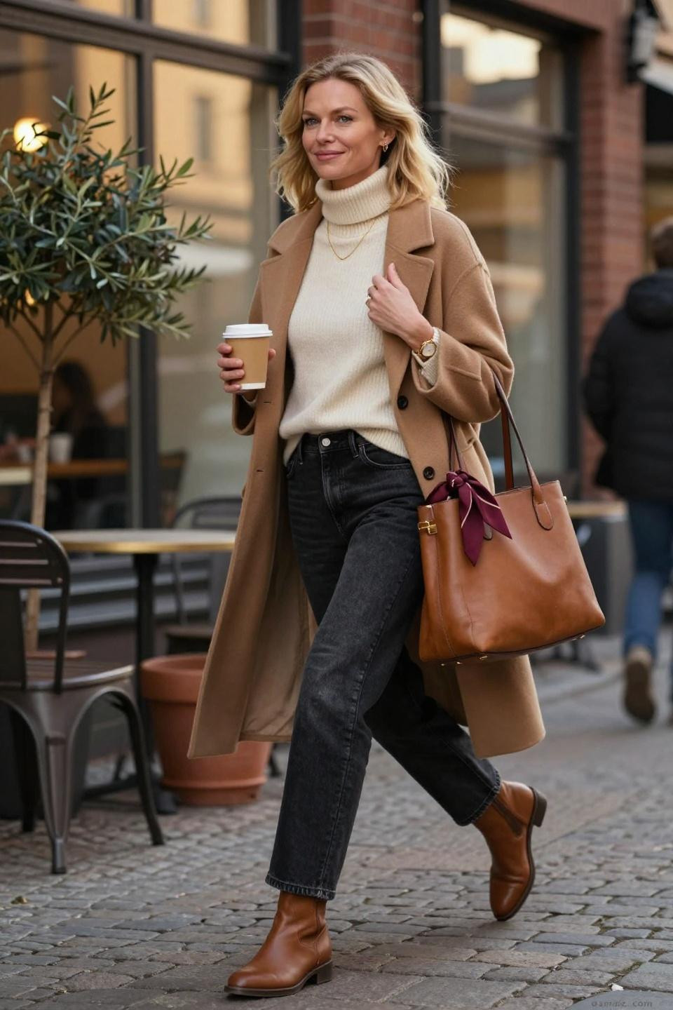 What To Wear With Black Jeans featuring faded denim with cream turtleneck and camel coat
